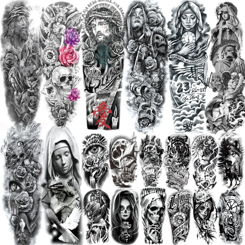 20 Sheets Full Arm Sleeve Nun Temporary Tattoos For Women Men Adults Hands Finger Foot Neck Clavicle Legs Thigh Arm Body Art Makeup, Semi Permanent Temp Fake Tattoo Stickers Waterproof Long Lasting Realistic Tatoos For Festival Party Accessory