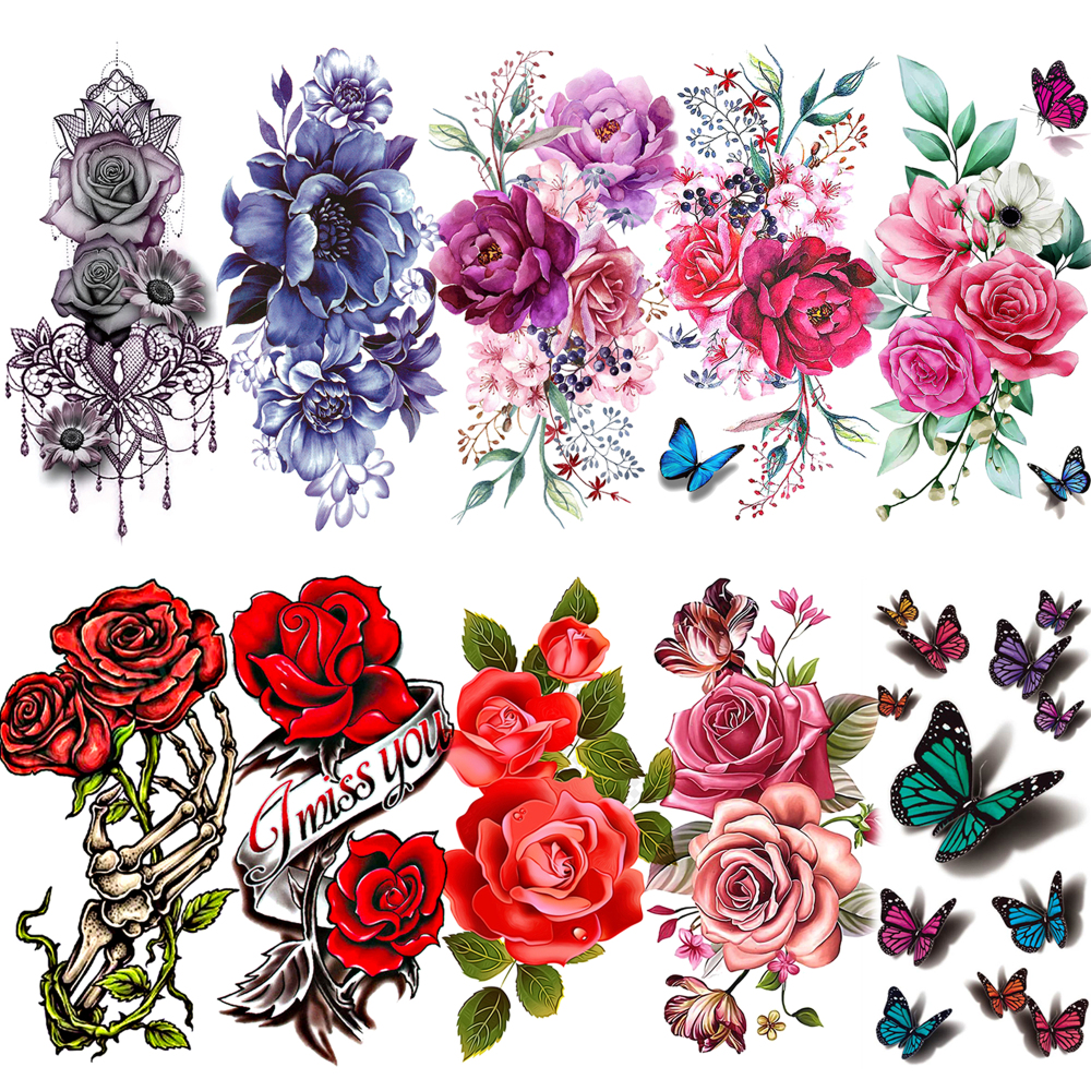 10 Sheets Rose Flower Temporary Tattoos For Women Men Adults Hands Finger Foot Neck Clavicle Shank Arm Body Art Makeup, Semi Permanent Temp Fake Tattoo Stickers Waterproof Long Lasting Realistic Tatoos For Festival Party Accessory