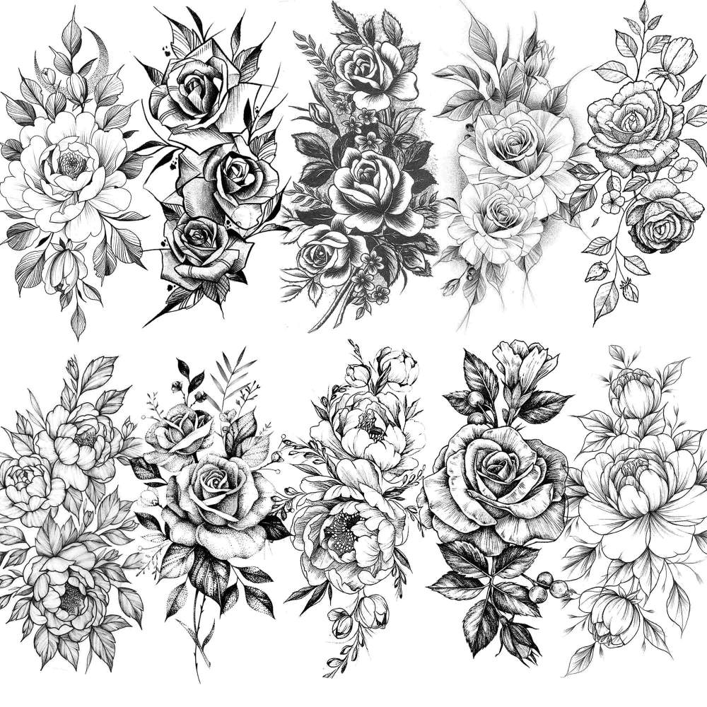 10 Sheets Rose Flower Temporary Tattoos For Women Men Adults Hands Finger Foot Neck Clavicle Shank Arm Body Art Makeup, Semi Permanent Temp Fake Tattoo Stickers Waterproof Long Lasting Realistic Tatoos For Festival Party Accessory