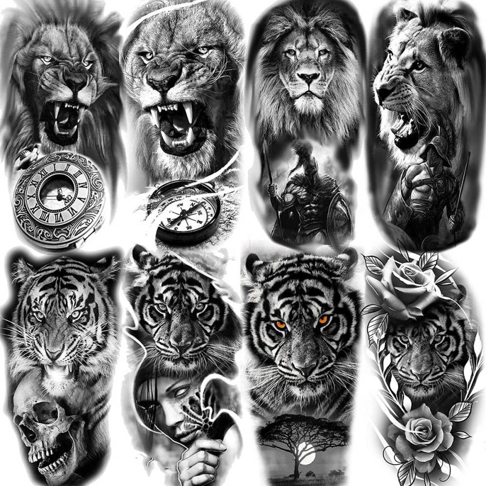 10 Sheets Lion Tiger Temporary Tattoos For Women Men Adults Hands Finger Foot Neck Clavicle Shank Arm Body Art Makeup, Semi Permanent Temp Fake Tattoo Stickers Waterproof Long Lasting Realistic Tatoos For Festival Party Accessory