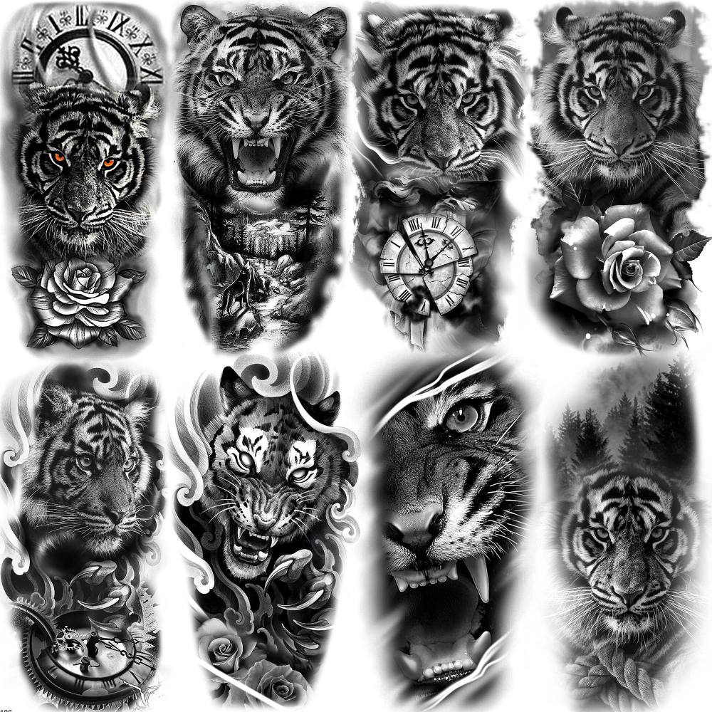 8 Sheets Tiger Temporary Tattoos For Women Men Adults Hands Finger Foot Neck Clavicle Shank Arm Body Art Makeup, Semi Permanent Temp Fake Tattoo Stickers Waterproof Long Lasting Realistic Tatoos For Festival Party Accessory