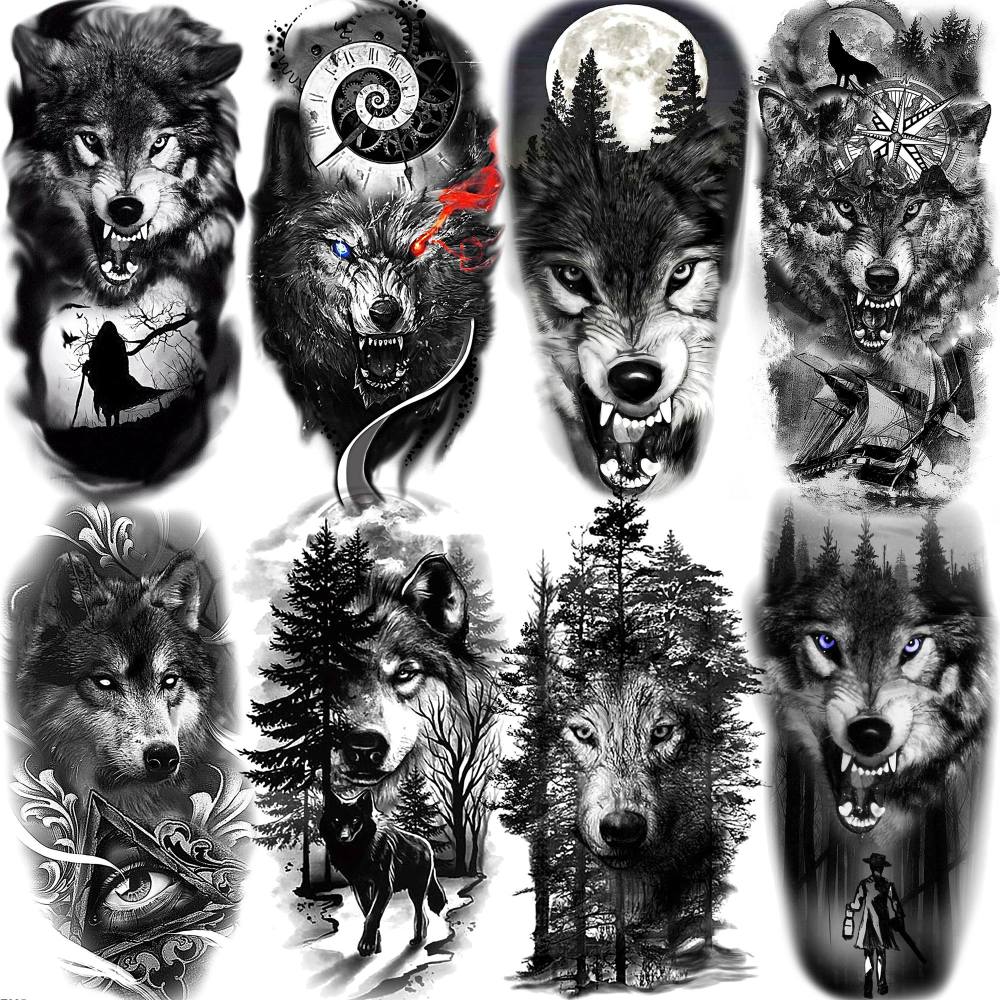 8 Sheets Wolf Temporary Tattoos For Women Men Adults Hands Finger Foot Neck Clavicle Shank Arm Body Art Makeup, Semi Permanent Temp Fake Tattoo Stickers Waterproof Long Lasting Realistic Tatoos For Festival Party Accessory