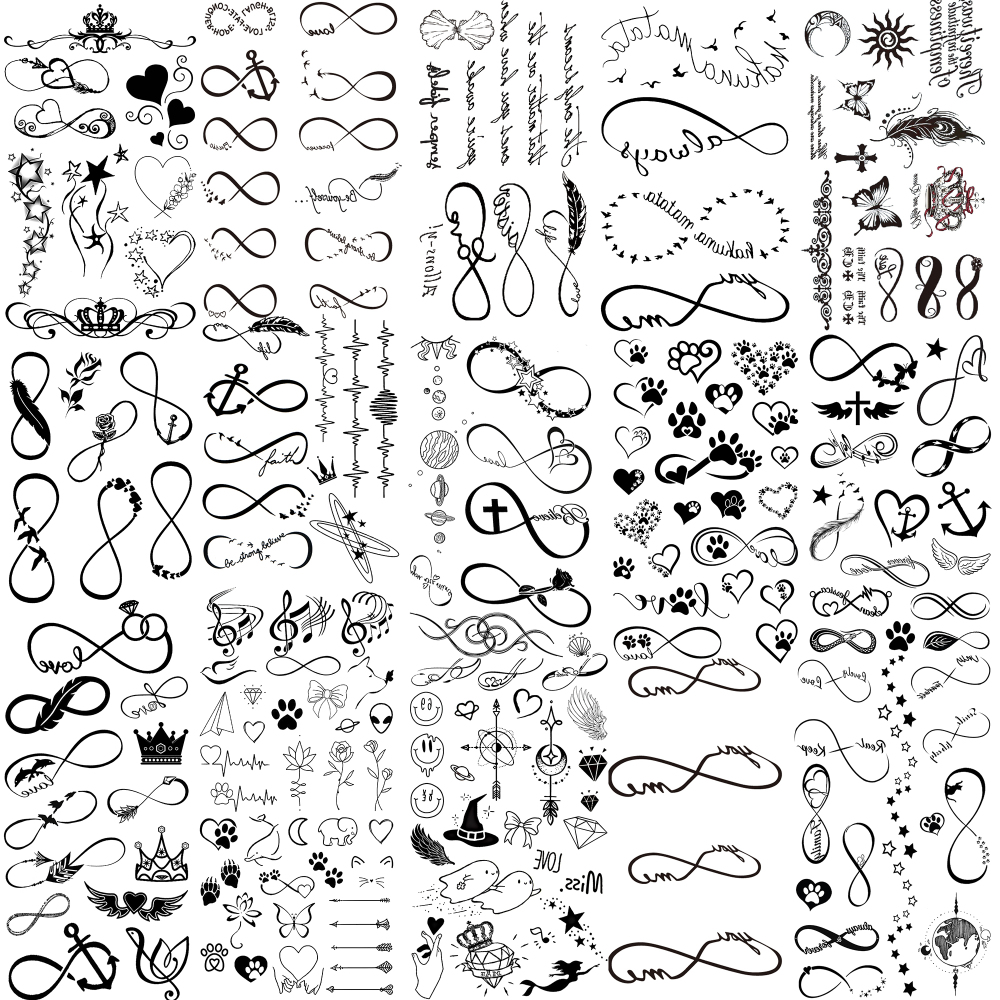 15 Sheets Infinity symbol Temporary Tattoos For Women Men Adults Hands Finger Foot Neck Clavicle Shank Arm Body Art Makeup, Semi Permanent Temp Fake Tattoo Stickers Waterproof Long Lasting Realistic Tatoos For Festival Party Accessory