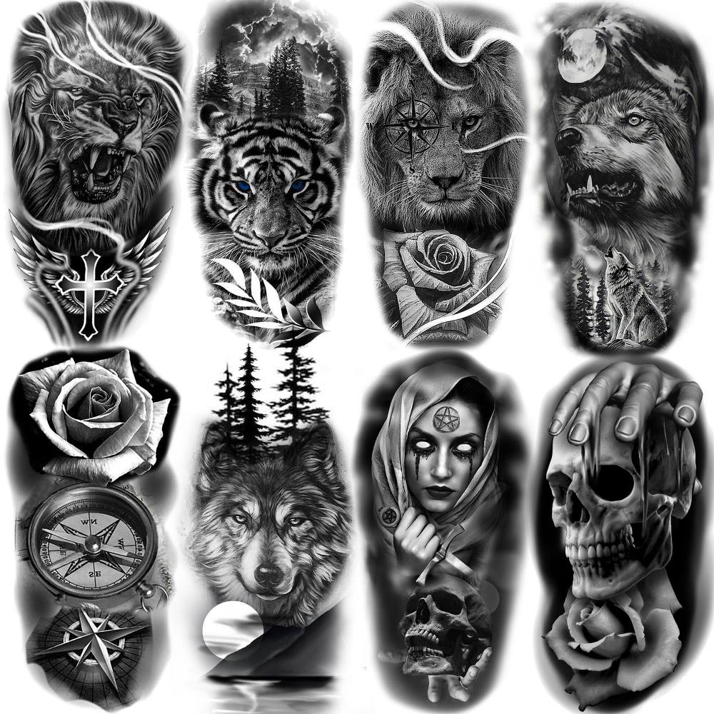 8 Sheets Tiger Lion Temporary Tattoos For Women Men Adults Hands Finger Foot Neck Clavicle Shank Arm Body Art Makeup, Semi Permanent Temp Fake Tattoo Stickers Waterproof Long Lasting Realistic Tatoos For Festival Party Accessory