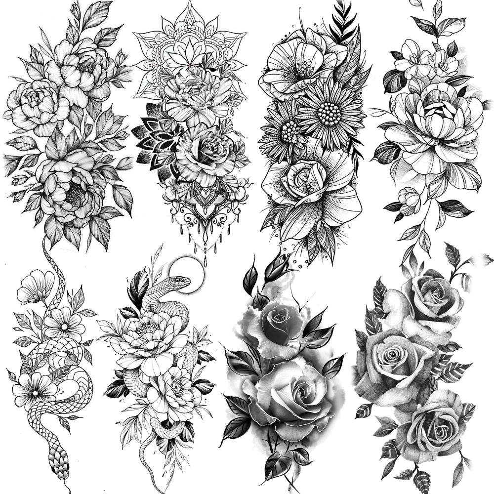 8 Sheets Rose Flowers Temporary Tattoos For Women Men Adults Hands Finger Foot Neck Clavicle Shank Arm Body Art Makeup, Semi Permanent Temp Fake Tattoo Stickers Waterproof Long Lasting Realistic Tatoos For Festival Party Accessory