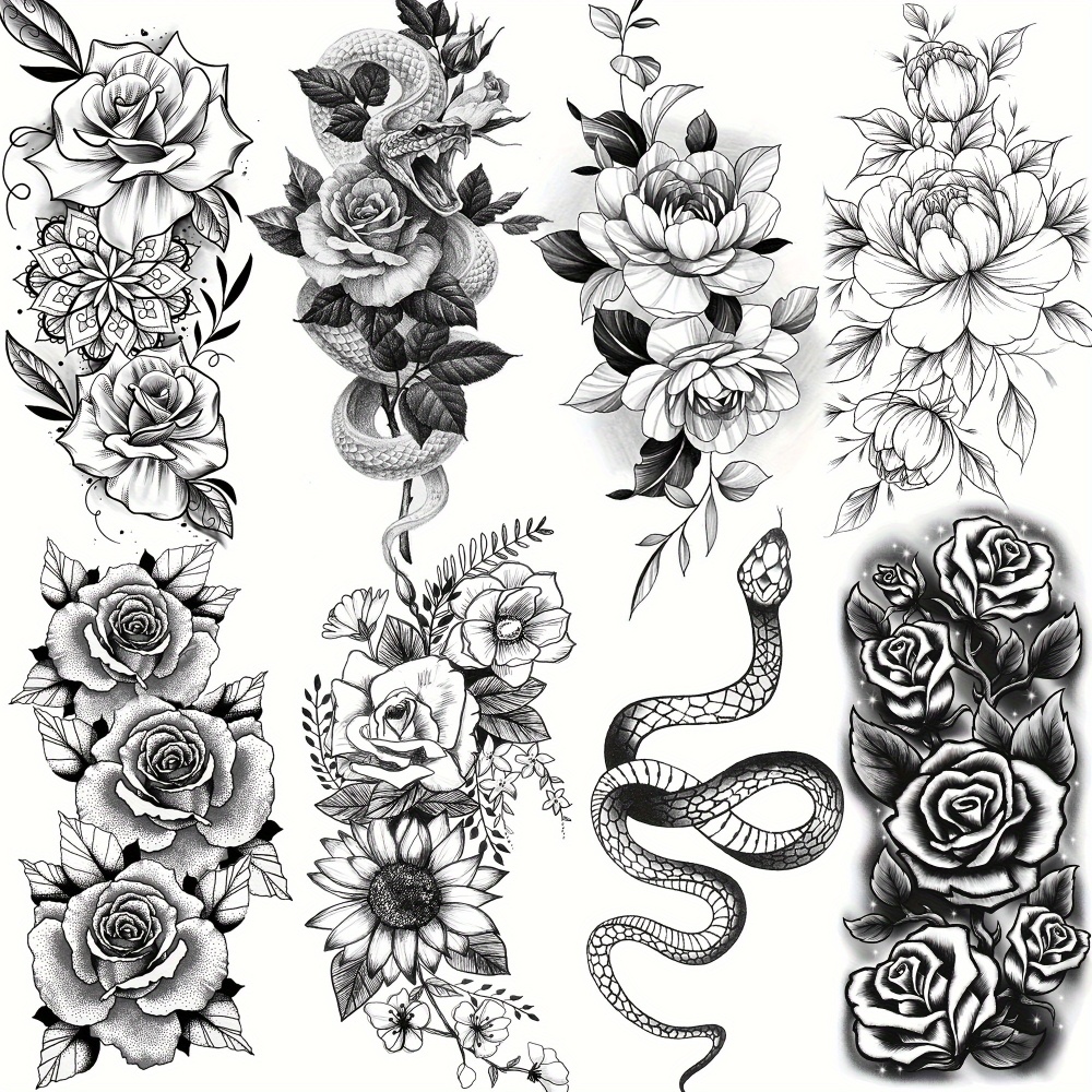 8 Sheets Snake Rose Flowers Temporary Tattoos For Women Men Adults Hands Finger Foot Neck Clavicle Shank Arm Body Art Makeup, Semi Permanent Temp Fake Tattoo Stickers Waterproof Long Lasting Realistic Tatoos For Festival Party Accessory