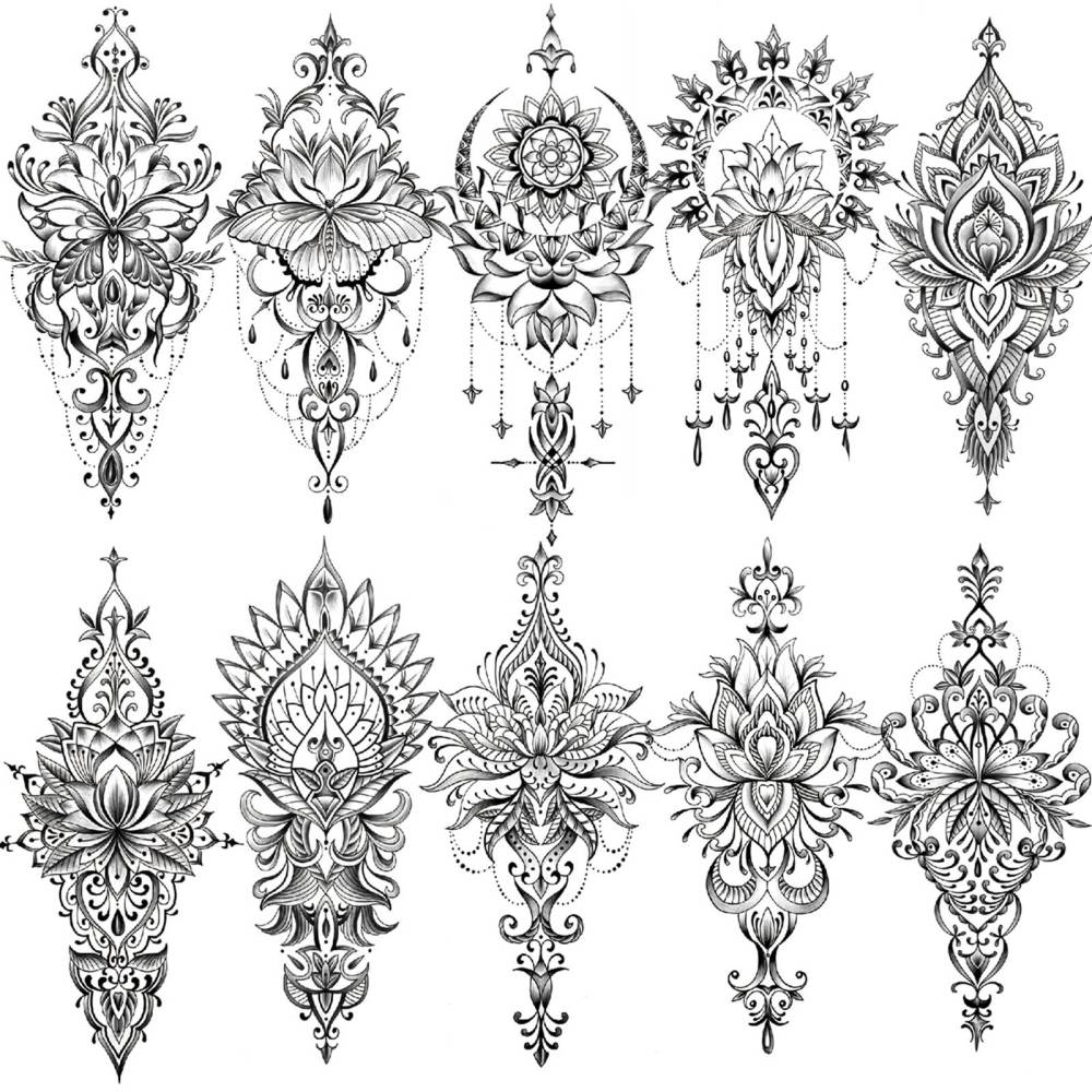 8 Sheets Henna Lotus Temporary Tattoos For Women Men Adults Hands Finger Foot Neck Clavicle Shank Arm Body Art Makeup, Semi Permanent Temp Fake Tattoo Stickers Waterproof Long Lasting Realistic Tatoos For Festival Party Accessory