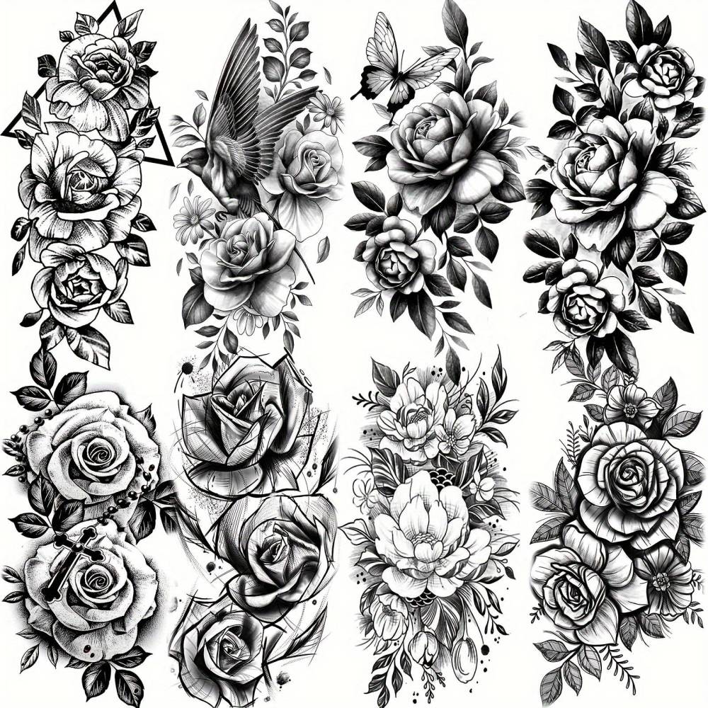 8 Sheets Flower Rose Temporary Tattoos For Women Men Adults Hands Finger Foot Neck Clavicle Shank Arm Body Art Makeup, Semi Permanent Temp Fake Tattoo Stickers Waterproof Long Lasting Realistic Tatoos For Festival Party Accessory