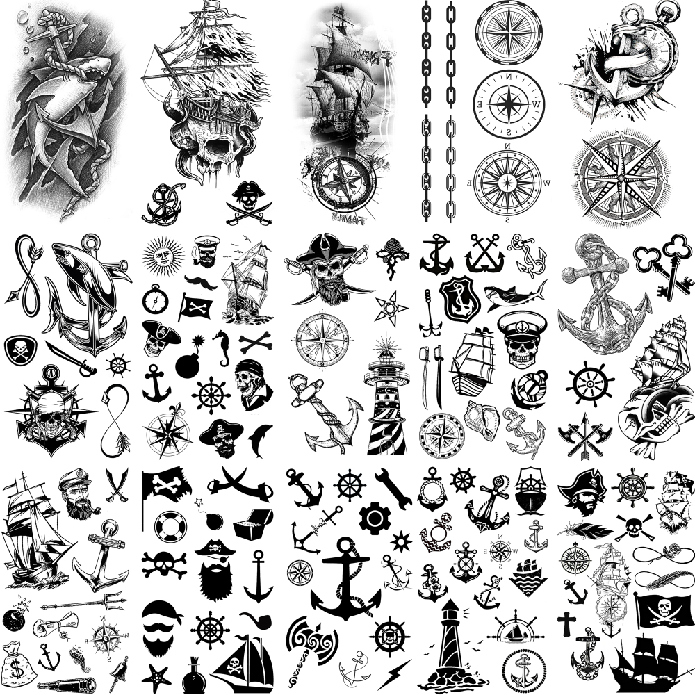 15 Sheets Y2k Ship Temporary Tattoos For Women Men Adults Hands Finger Foot Neck Clavicle Legs Thigh Forearm Shank Arm Body Art Makeup, Semi Permanent Temp Fake Tattoo Stickers Waterproof Long Lasting Realistic Tatoos For Festival Party Accessory