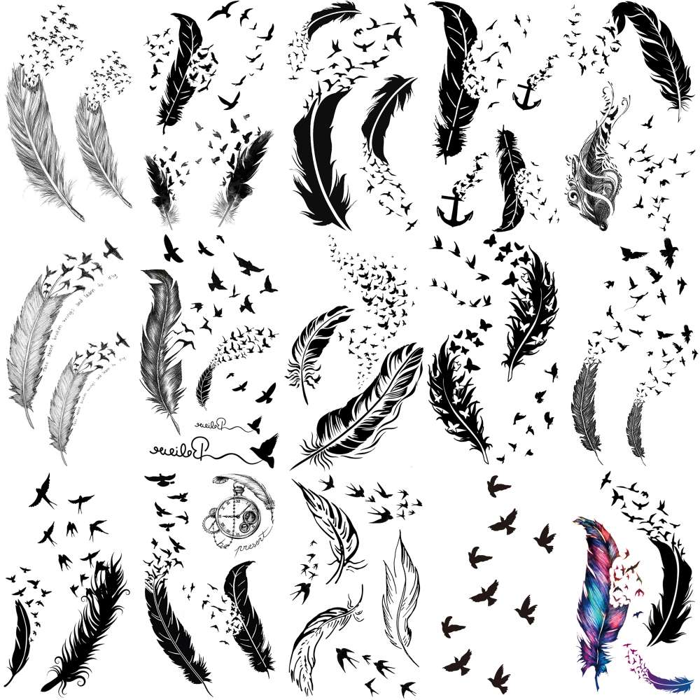 15 Sheets Y2k Feahter Temporary Tattoos For Women Men Adults Hands Finger Foot Neck Clavicle Legs Thigh Forearm Shank Arm Body Art Makeup, Semi Permanent Temp Fake Tattoo Stickers Waterproof Long Lasting Realistic Tatoos For Festival Party Accessory