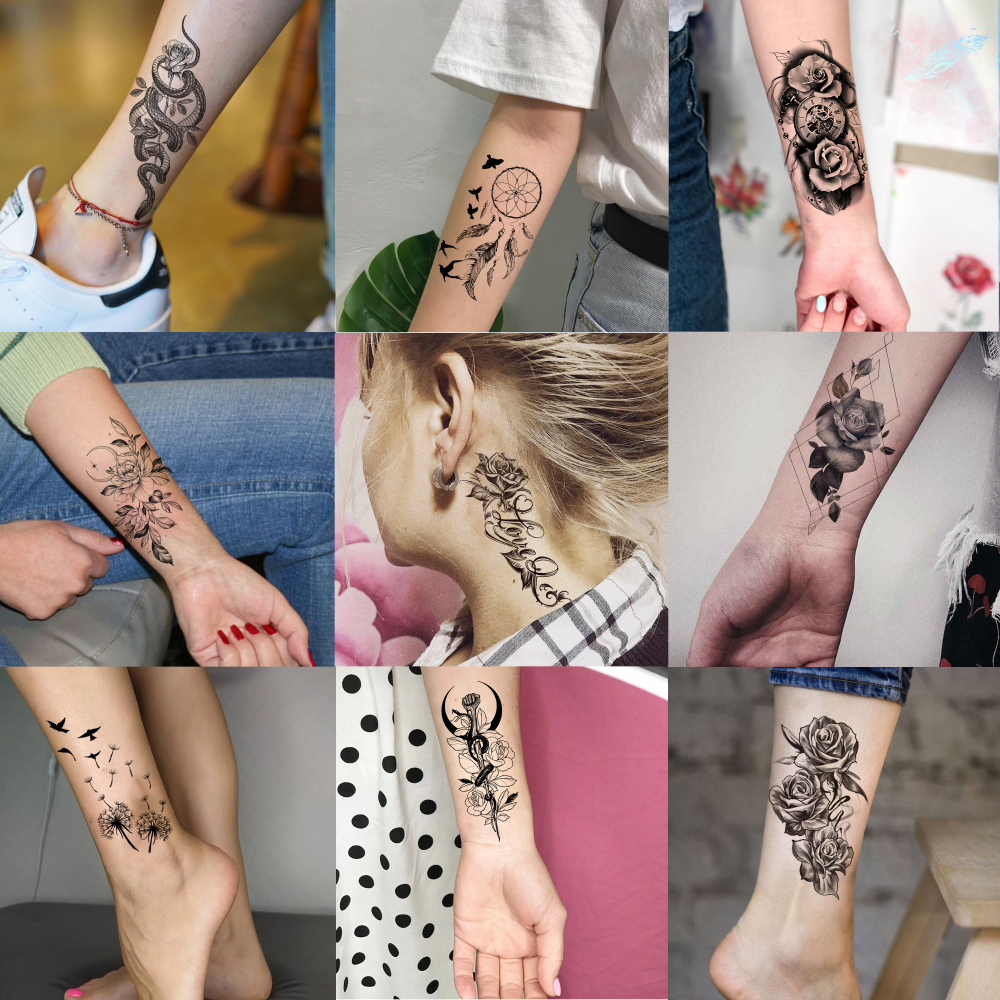 52 Sheets Y2k Rose Flower Temporary Tattoos For Women Men Adults Hands Finger Foot Neck Clavicle Legs Thigh Forearm Shank Arm Body Art Makeup, Semi Permanent Temp Fake Tattoo Stickers Waterproof Long Lasting Realistic Tatoos For Festival Party Accessory