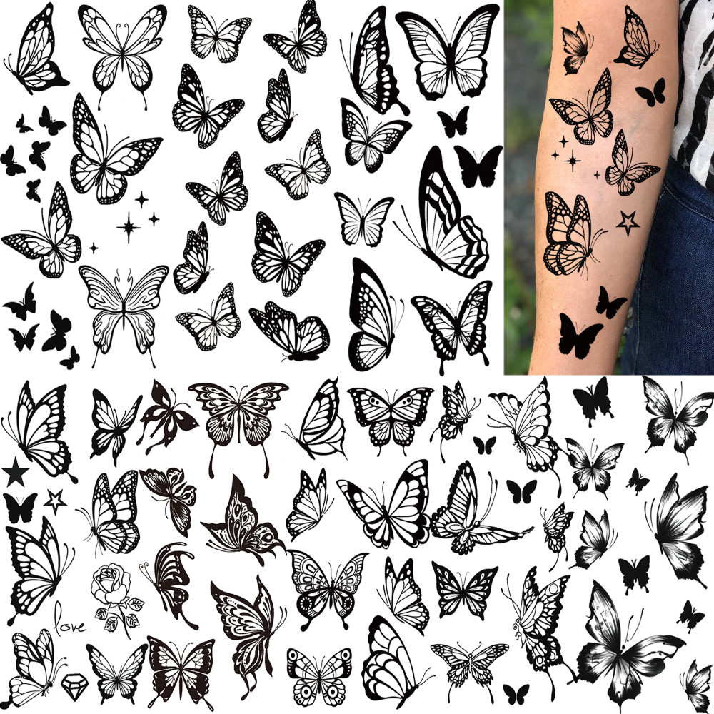 8 Sheets Y2k Butterfly Temporary Tattoos For Women Men Adults Hands Finger Foot Neck Clavicle Legs Thigh Arm Body Art Makeup, Semi Permanent Temp Fake Tattoo Stickers Waterproof Long Lasting Realistic Tatoos For Festival Party Accessory