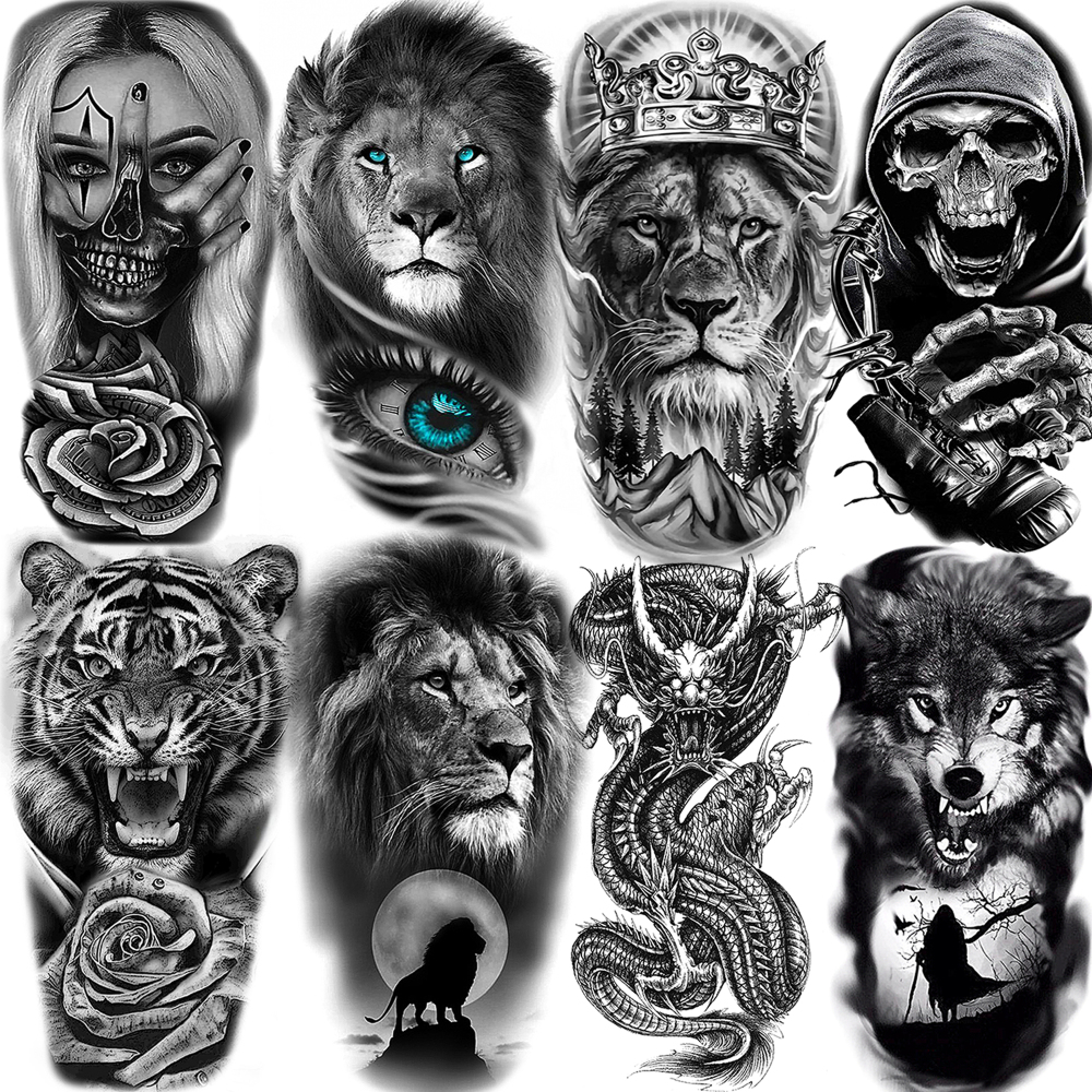 8 Sheets Wolf TIger Lion Temporary Tattoos For Women Men Adults Hands Finger Foot Neck Clavicle Shank Arm Body Art Makeup, Semi Permanent Temp Fake Tattoo Stickers Waterproof Long Lasting Realistic Tatoos For Festival Party Accessory