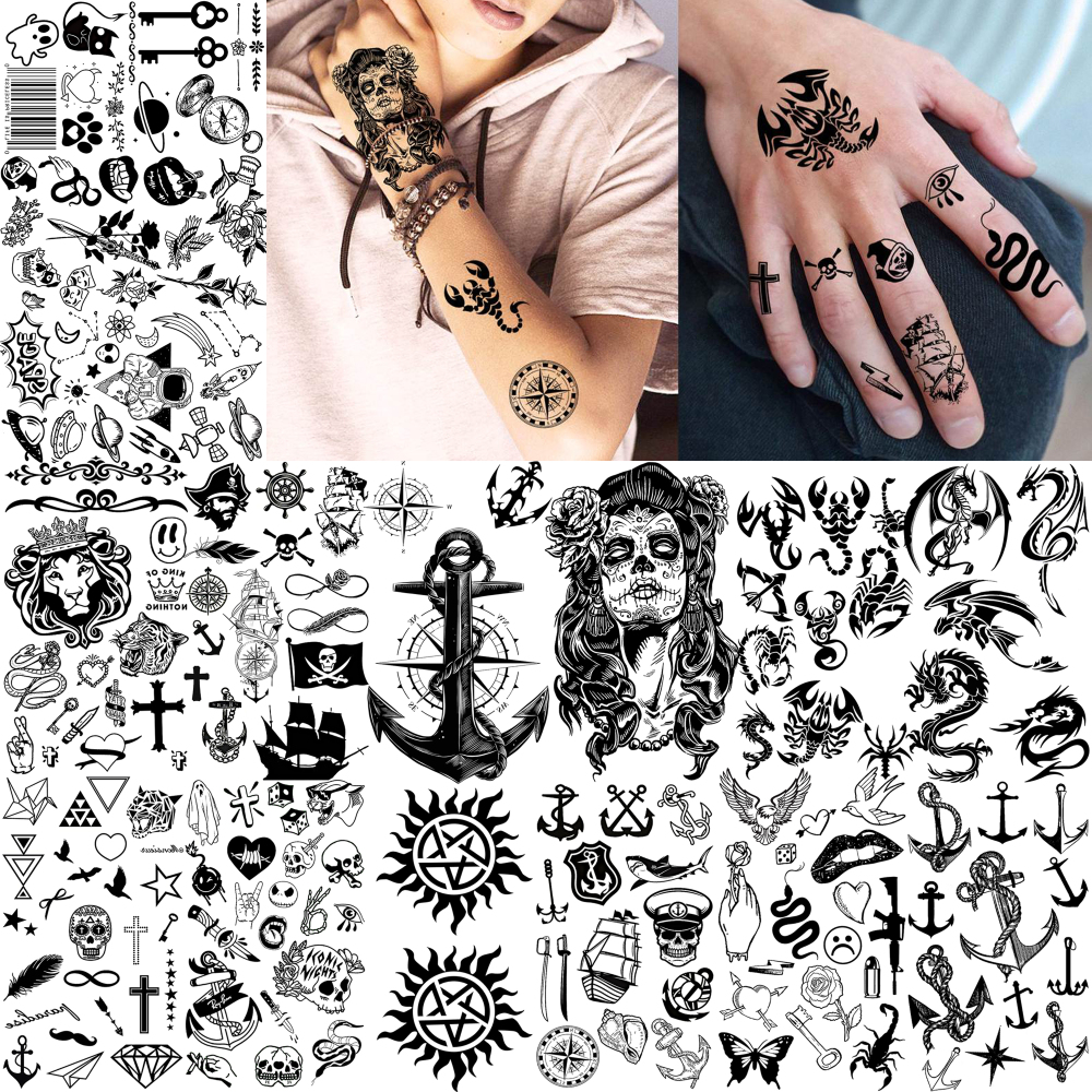 15 Sheets Skull Anchor Temporary Tattoos For Women Men Adults Hands Finger Foot Neck Clavicle Shank Arm Body Art Makeup, Semi Permanent Temp Fake Tattoo Stickers Waterproof Long Lasting Realistic Tatoos For Festival Party Accessory