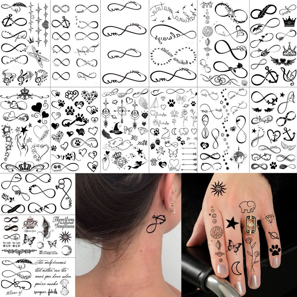15 Sheets Infinity symbol Temporary Tattoos For Women Men Adults Hands Finger Foot Neck Clavicle Shank Arm Body Art Makeup, Semi Permanent Temp Fake Tattoo Stickers Waterproof Long Lasting Realistic Tatoos For Festival Party Accessory