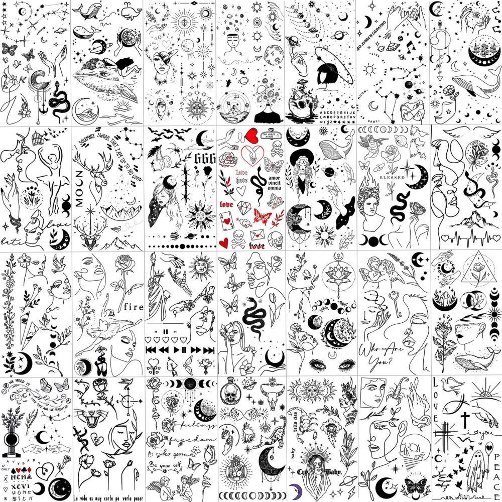 28 Sheets Y2k Abstract Minimalism Temporary Tattoos For Women Men Adults Hands Finger Foot Neck Clavicle Shank Arm Body Art Makeup, Semi Permanent Temp Fake Tattoo Stickers Waterproof Long Lasting Realistic Tatoos For Festival Party Accessory