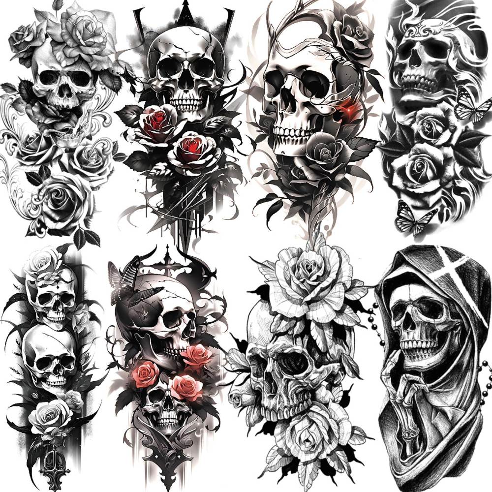 8 Sheets Skull Skeleton Temporary Tattoos For Women Men Adults Hands Finger Foot Neck Clavicle Shank Arm Body Art Makeup, Semi Permanent Temp Fake Tattoo Stickers Waterproof Long Lasting Realistic Tatoos For Festival Party Accessory