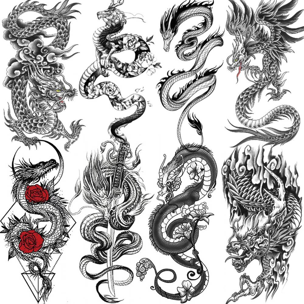 8 Sheets Dragon Temporary Tattoos For Women Men Adults Hands Finger Foot Neck Clavicle Shank Arm Body Art Makeup, Semi Permanent Temp Fake Tattoo Stickers Waterproof Long Lasting Realistic Tatoos For Festival Party Accessory