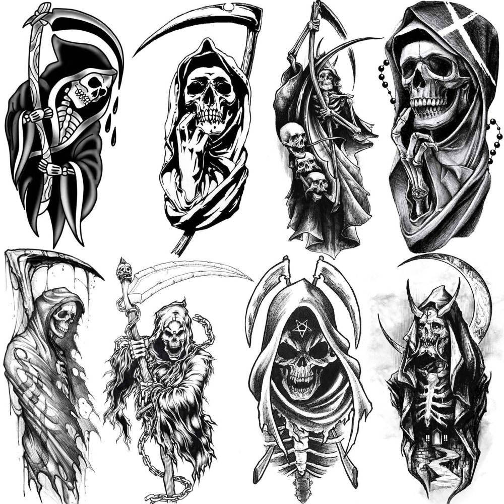 8 Sheets Skull Skeleton Halloween Temporary Tattoos For Women Men Adults Hands Finger Foot Neck Clavicle Shank Arm Body Art Makeup, Semi Permanent Temp Fake Tattoo Stickers Waterproof Long Lasting Realistic Tatoos For Festival Party Accessory