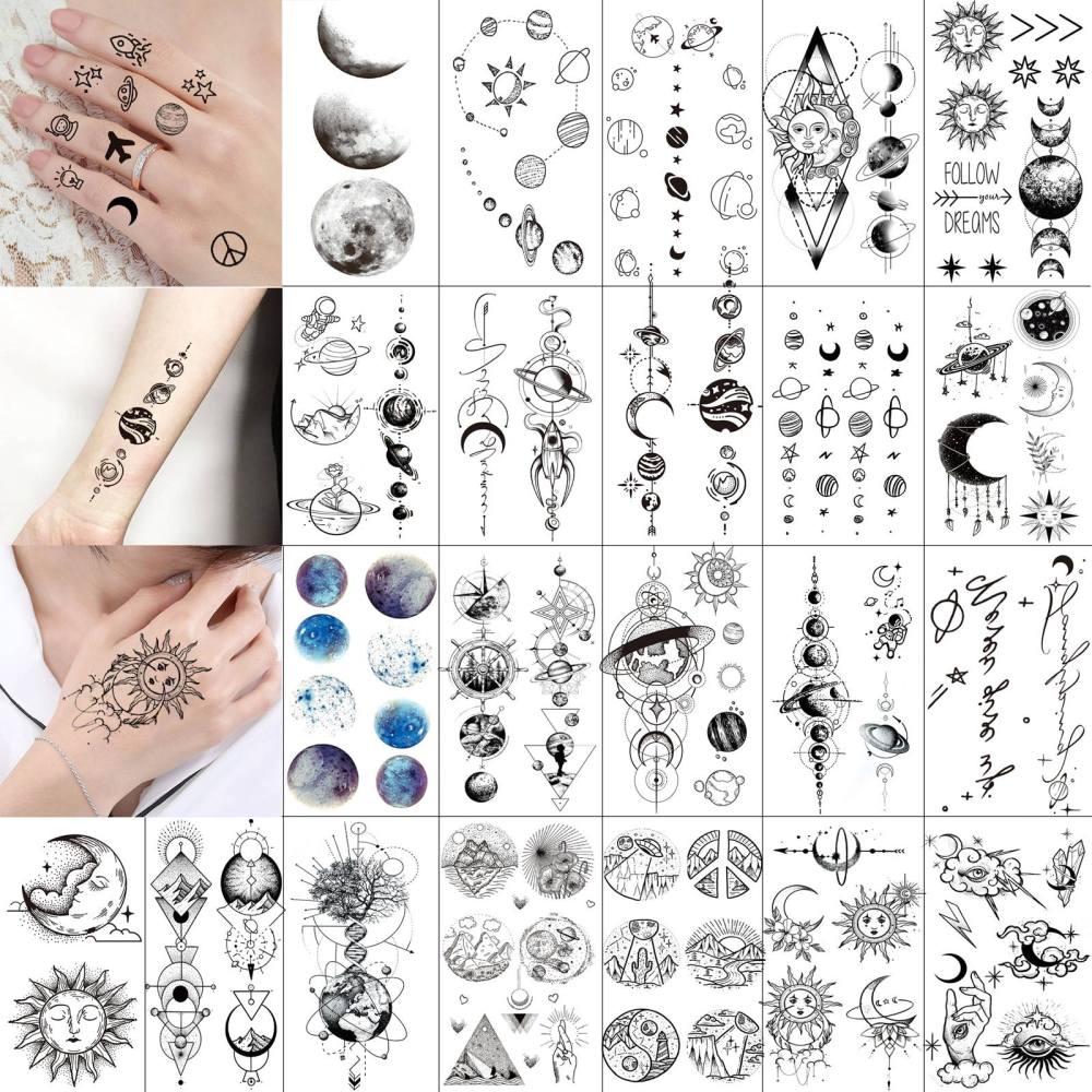 22 Sheets Space Astronaut Temporary Tattoos For Women Men Adults Hands Finger Foot Neck Clavicle Shank Arm Body Art Makeup, Semi Permanent Temp Fake Tattoo Stickers Waterproof Long Lasting Realistic Tatoos For Festival Party Accessory