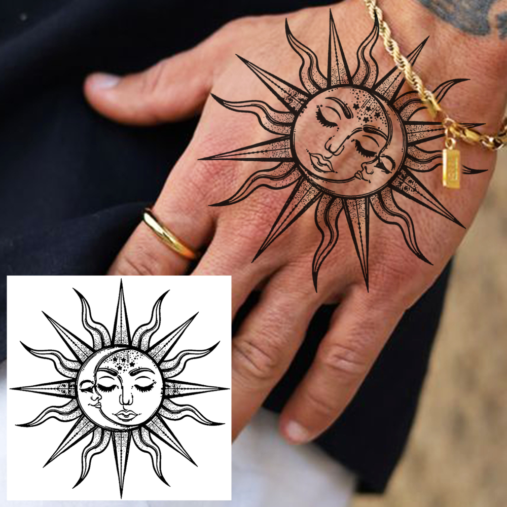 1 Sheet Moon Sun Temporary Tattoos For Women Men Adults Hands Finger Foot Neck Clavicle Legs Forearm Shank Arm Body Art Makeup, Semi Permanent Temp Fake Tattoo Stickers Waterproof Long Lasting Realistic Tatoos For Festival Party Accessory