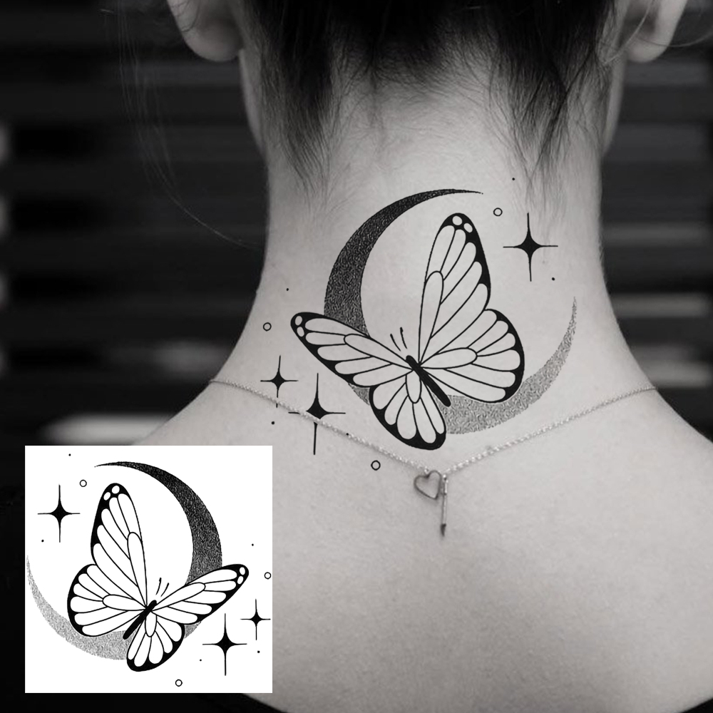 1 Sheet Moon Butterfly Temporary Tattoos For Women Men Adults Hands Finger Foot Neck Clavicle Legs Forearm Shank Arm Body Art Makeup, Semi Permanent Temp Fake Tattoo Stickers Waterproof Long Lasting Realistic Tatoos For Festival Party Accessory