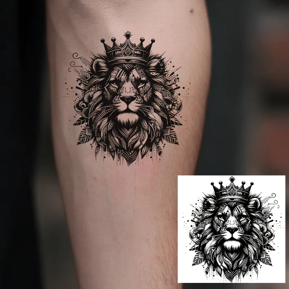 1 Sheet Lion Temporary Tattoos For Women Men Adults Hands Finger Foot Neck Clavicle Legs Forearm Shank Arm Body Art Makeup, Semi Permanent Temp Fake Tattoo Stickers Waterproof Long Lasting Realistic Tatoos For Festival Party Accessory