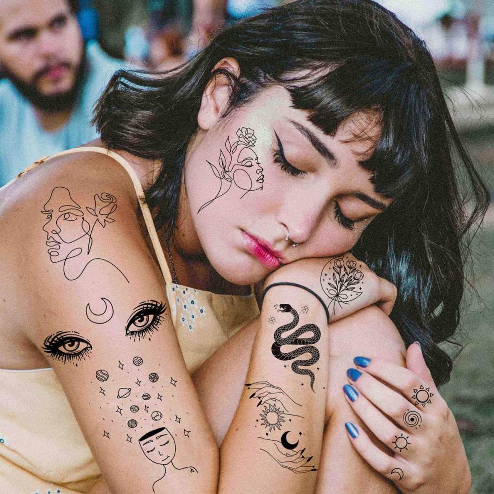 15 Sheets Abstract Minimalism Temporary Tattoos For Women Men Adults Kids Hands Finger Foot Neck Clavicle Shank Arm Body Art Makeup, Semi Permanent Temp Fake Tattoo Stickers Waterproof Long Lasting Realistic Tatoos For Festival Party Accessory