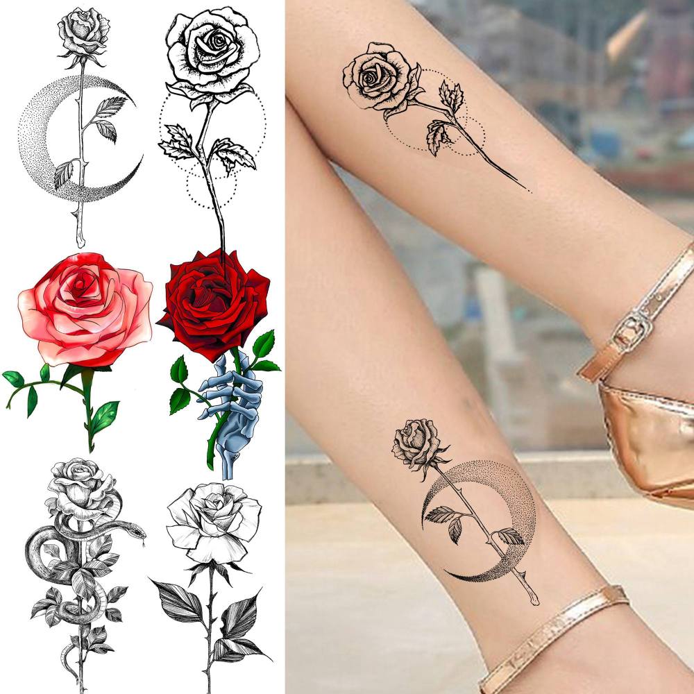 24 Sheets Small Rose Temporary Tattoos For Women Men Adults Kids Hands Finger Foot Neck Clavicle Shank Arm Body Art Makeup, Semi Permanent Temp Fake Tattoo Stickers Waterproof Long Lasting Realistic Tatoos For Festival Party Accessory