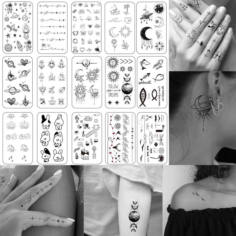 15 Sheets Cute Y2K Temporary Tattoos For Women Men Adults Hands Finger Foot Neck Clavicle Legs Thigh Forearm Shank Arm Body Art Makeup, Semi Permanent Temp Fake Tattoo Stickers Waterproof Long Lasting Realistic Tatoos For Festival Party Accessory