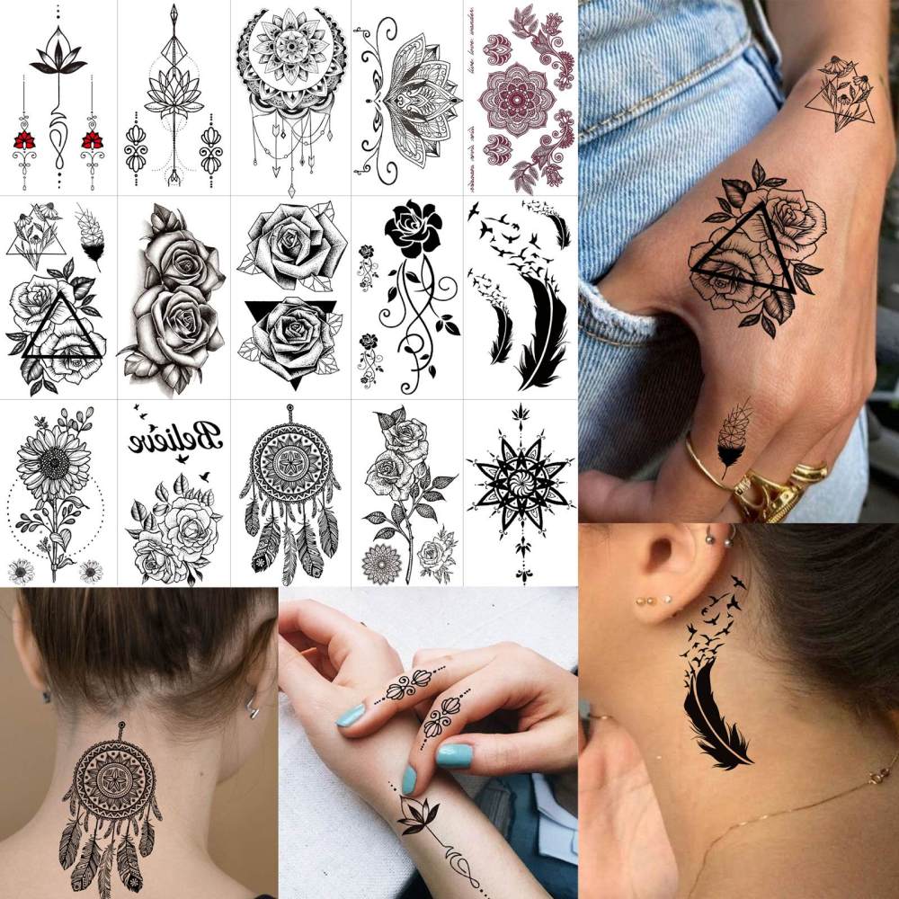 15 Sheets Cute Flower Temporary Tattoos For Women Men Adults Hands Finger Foot Neck Clavicle Legs Thigh Forearm Shank Arm Body Art Makeup, Semi Permanent Temp Fake Tattoo Stickers Waterproof Long Lasting Realistic Tatoos For Festival Party Accessory
