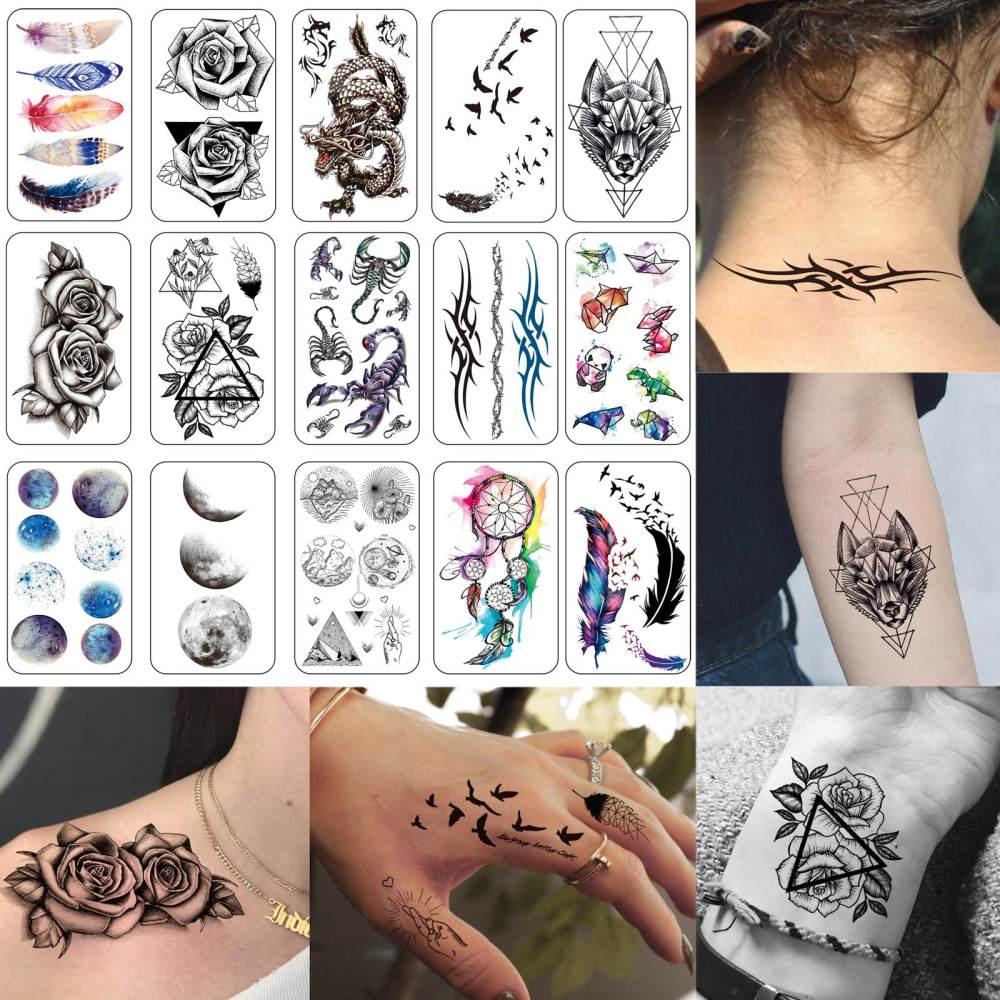 15 Sheets Cute Temporary Tattoos For Women Men Adults Hands Finger Foot Neck Clavicle Legs Thigh Forearm Shank Arm Body Art Makeup, Semi Permanent Temp Fake Tattoo Stickers Waterproof Long Lasting Realistic Tatoos For Festival Party Accessory