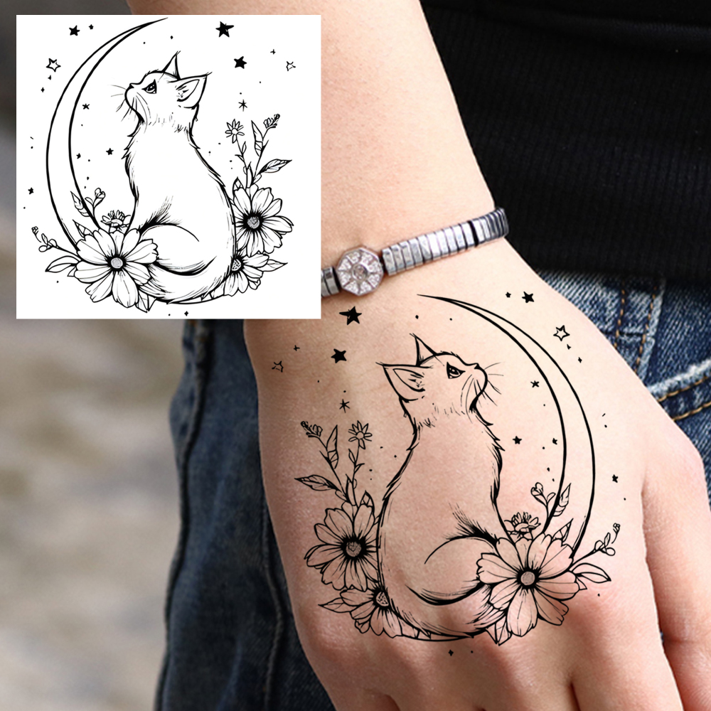 1 Sheet Moon Cat Temporary Tattoos For Women Men Adults Hands Finger Foot Neck Clavicle Legs Forearm Shank Arm Body Art Makeup, Semi Permanent Temp Fake Tattoo Stickers Waterproof Long Lasting Realistic Tatoos For Festival Party Accessory