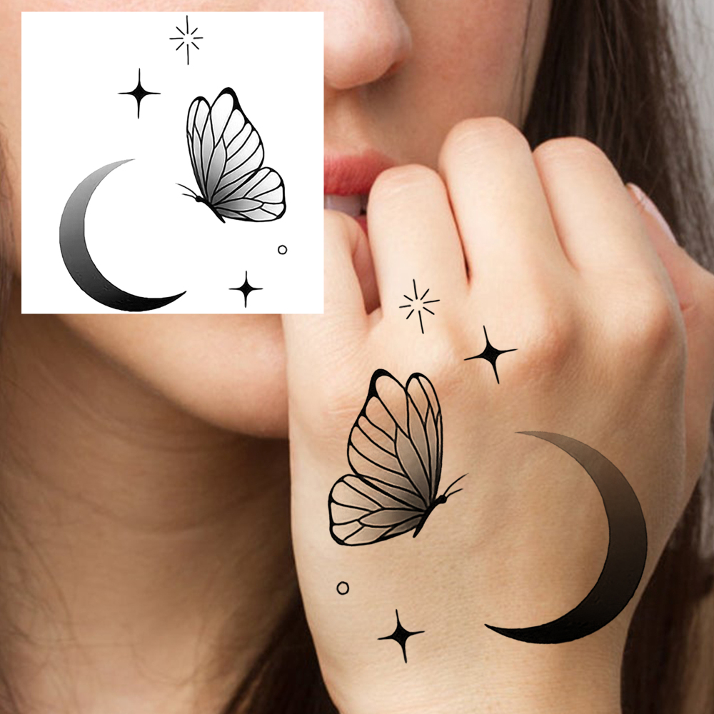 1 Sheet Butterfly Moon Temporary Tattoos For Women Men Adults Hands Finger Foot Neck Clavicle Legs Forearm Shank Arm Body Art Makeup, Semi Permanent Temp Fake Tattoo Stickers Waterproof Long Lasting Realistic Tatoos For Festival Party Accessory