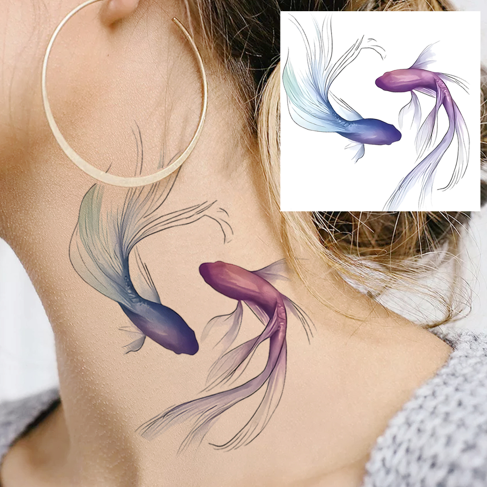 1 Sheet Fish Carp Temporary Tattoos For Women Men Adults Hands Finger Foot Neck Clavicle Legs Forearm Shank Arm Body Art Makeup, Semi Permanent Temp Fake Tattoo Stickers Waterproof Long Lasting Realistic Tatoos For Festival Party Accessory