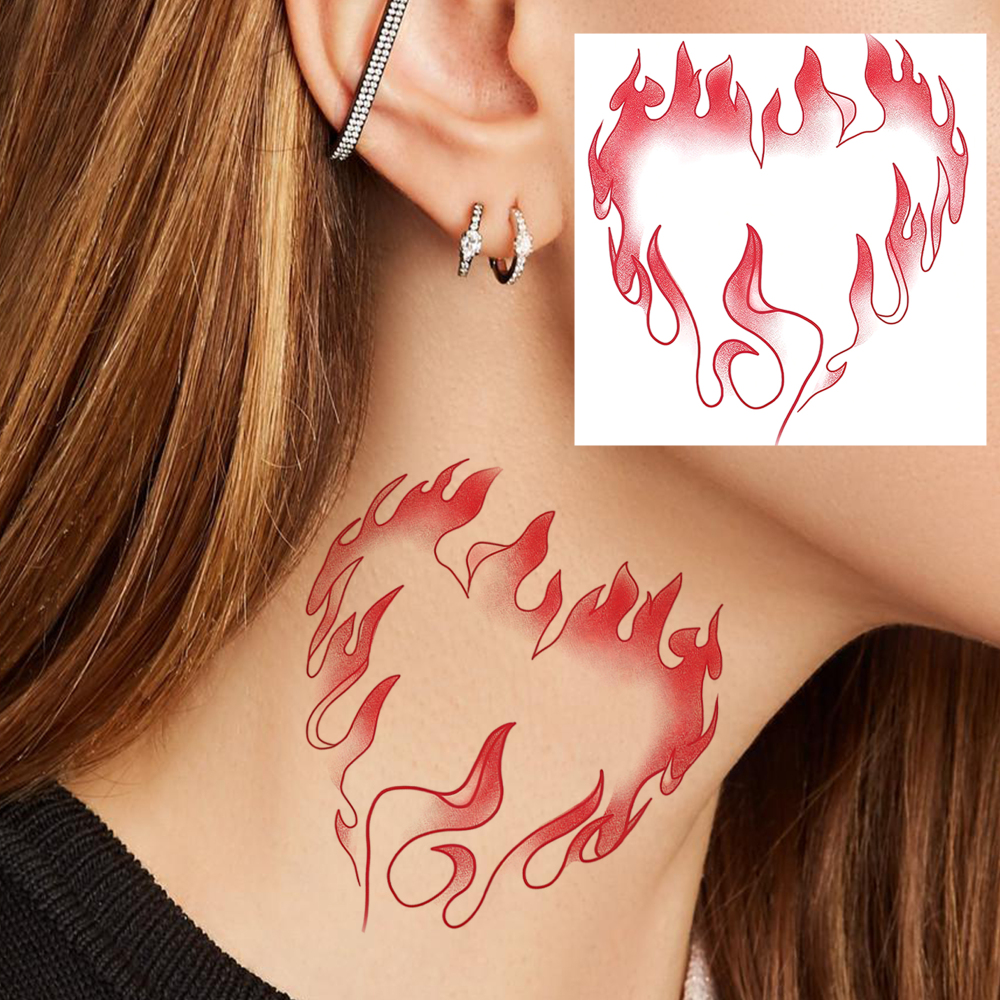 1 Sheet Fire Heart Temporary Tattoos For Women Men Adults Hands Finger Foot Neck Clavicle Legs Forearm Shank Arm Body Art Makeup, Semi Permanent Temp Fake Tattoo Stickers Waterproof Long Lasting Realistic Tatoos For Festival Party Accessory