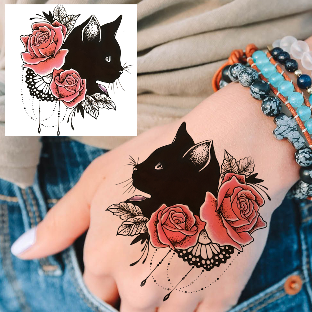 1 Sheet Cat Rose Temporary Tattoos For Women Men Adults Hands Finger Foot Neck Clavicle Legs Forearm Shank Arm Body Art Makeup, Semi Permanent Temp Fake Tattoo Stickers Waterproof Long Lasting Realistic Tatoos For Festival Party Accessory