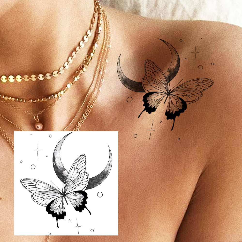 1 Sheet Moon Butterfly Temporary Tattoos For Women Men Adults Hands Finger Foot Neck Clavicle Legs Forearm Shank Arm Body Art Makeup, Semi Permanent Temp Fake Tattoo Stickers Waterproof Long Lasting Realistic Tatoos For Festival Party Accessory