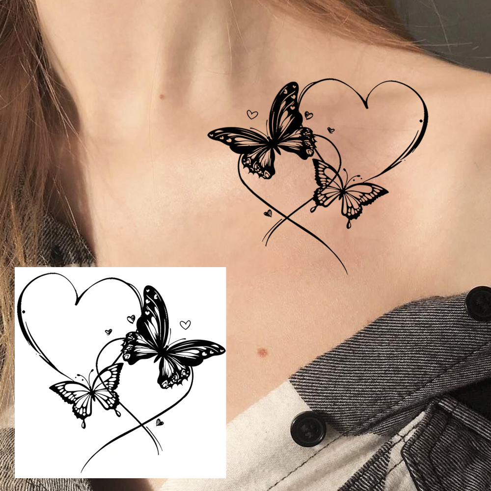1 Sheet Butterfly Heart Temporary Tattoos For Women Men Adults Hands Finger Foot Neck Clavicle Legs Forearm Shank Arm Body Art Makeup, Semi Permanent Temp Fake Tattoo Stickers Waterproof Long Lasting Realistic Tatoos For Festival Party Accessory