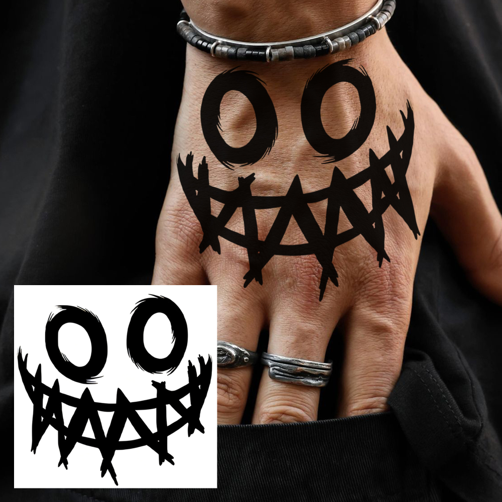 1 Sheet Smile Face Temporary Tattoos For Women Men Adults Hands Finger Foot Neck Clavicle Legs Forearm Shank Arm Body Art Makeup, Semi Permanent Temp Fake Tattoo Stickers Waterproof Long Lasting Realistic Tatoos For Festival Party Accessory