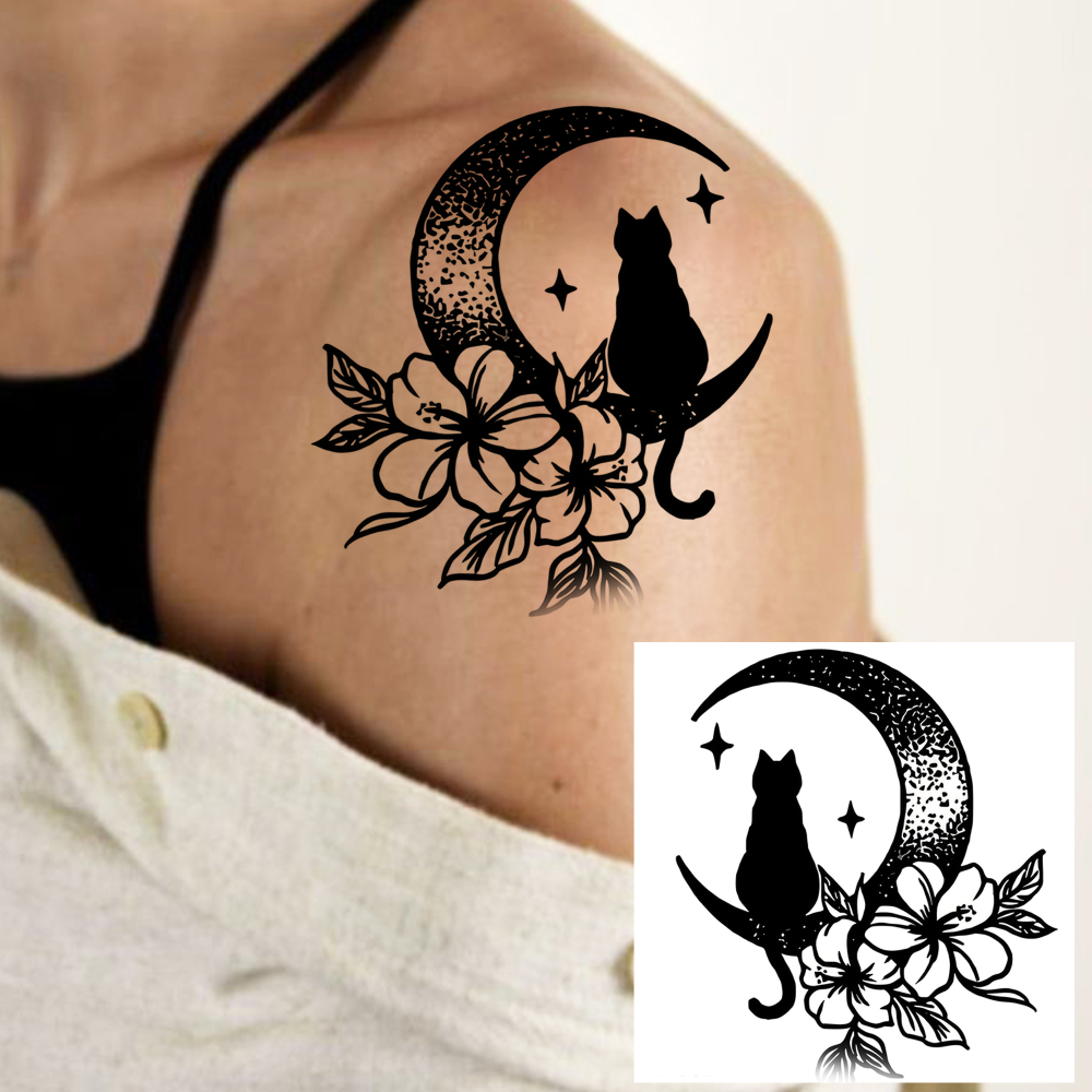 1 Sheet Moon Cat Temporary Tattoos For Women Men Adults Hands Finger Foot Neck Clavicle Legs Forearm Shank Arm Body Art Makeup, Semi Permanent Temp Fake Tattoo Stickers Waterproof Long Lasting Realistic Tatoos For Festival Party Accessory