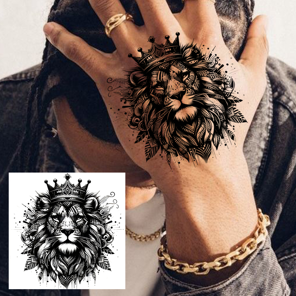 1 Sheet Lion Temporary Tattoos For Women Men Adults Hands Finger Foot Neck Clavicle Legs Forearm Shank Arm Body Art Makeup, Semi Permanent Temp Fake Tattoo Stickers Waterproof Long Lasting Realistic Tatoos For Festival Party Accessory