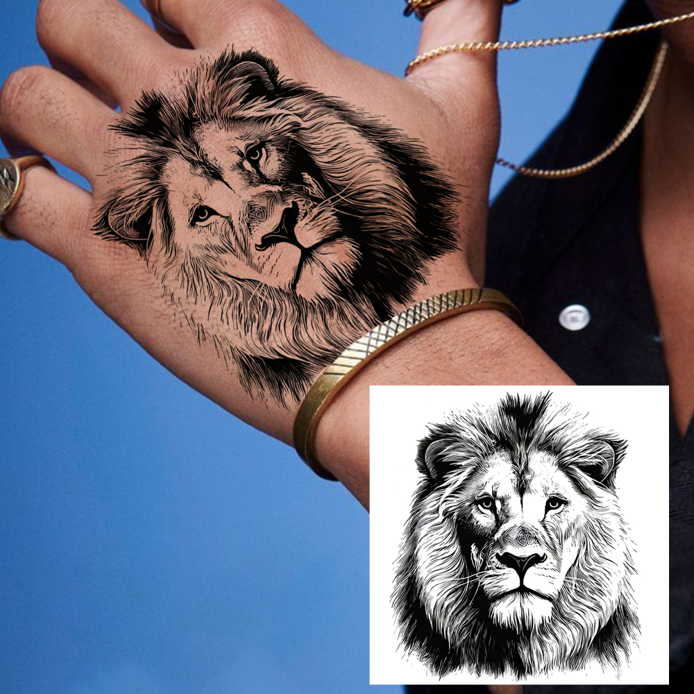 1 Sheet Lion Temporary Tattoos For Women Men Adults Hands Finger Foot Neck Clavicle Legs Forearm Shank Arm Body Art Makeup, Semi Permanent Temp Fake Tattoo Stickers Waterproof Long Lasting Realistic Tatoos For Festival Party Accessory