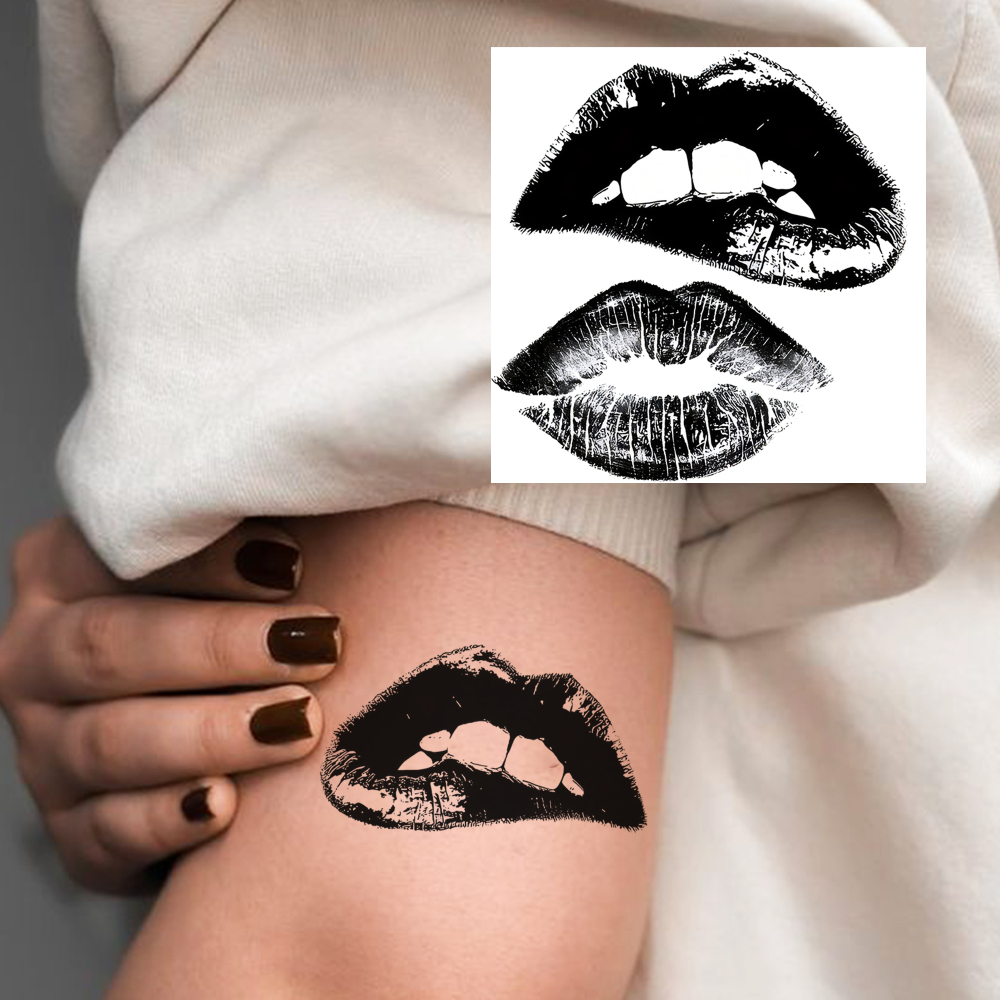 1 Sheet Lips Temporary Tattoos For Women Men Adults Hands Finger Foot Neck Clavicle Legs Forearm Shank Arm Body Art Makeup, Semi Permanent Temp Fake Tattoo Stickers Waterproof Long Lasting Realistic Tatoos For Festival Party Accessory