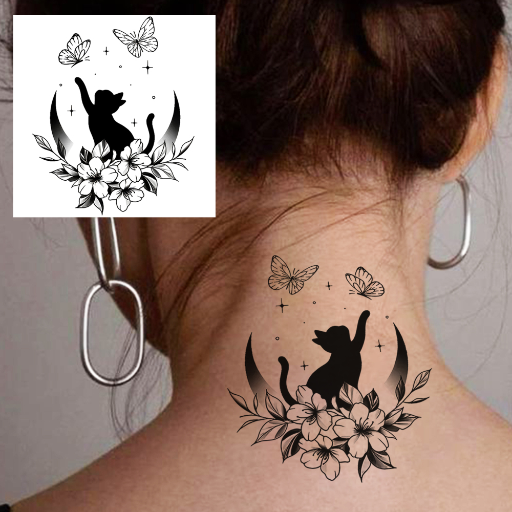 1 Sheet Cat Flower Butterfly Temporary Tattoos For Women Men Adults Hands Finger Foot Neck Clavicle Legs Forearm Shank Arm Body Art Makeup, Semi Permanent Temp Fake Tattoo Stickers Waterproof Long Lasting Realistic Tatoos For Festival Party Accessory