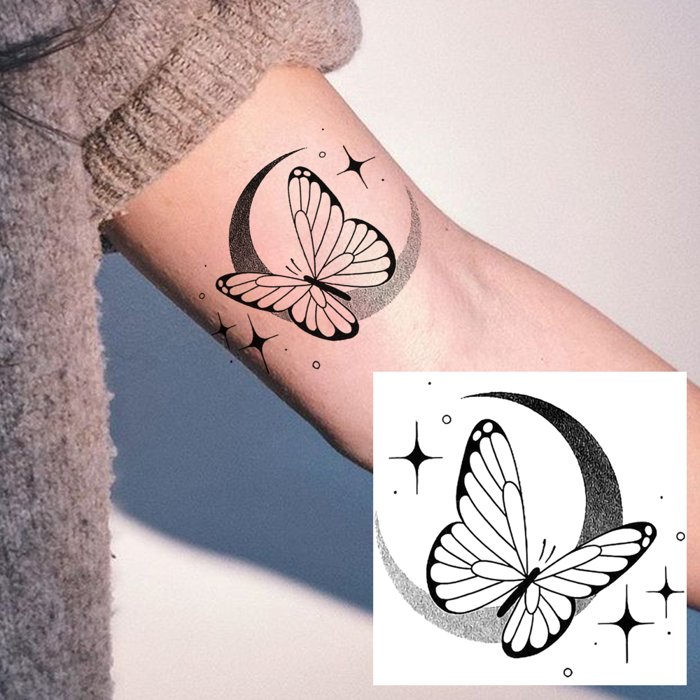 1 Sheet Moon Butterfly Temporary Tattoos For Women Men Adults Hands Finger Foot Neck Clavicle Legs Forearm Shank Arm Body Art Makeup, Semi Permanent Temp Fake Tattoo Stickers Waterproof Long Lasting Realistic Tatoos For Festival Party Accessory