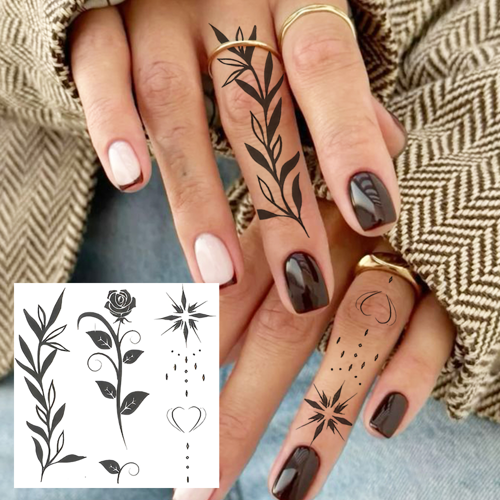 1 Sheet Flower Leaf Temporary Tattoos For Women Men Adults Hands Finger Foot Neck Clavicle Legs Forearm Shank Arm Body Art Makeup, Semi Permanent Temp Fake Tattoo Stickers Waterproof Long Lasting Realistic Tatoos For Festival Party Accessory