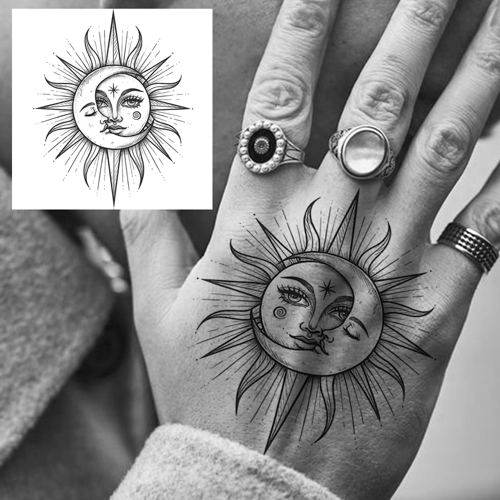 1 Sheet Moon Sun Temporary Tattoos For Women Men Adults Hands Finger Foot Neck Clavicle Legs Forearm Shank Arm Body Art Makeup, Semi Permanent Temp Fake Tattoo Stickers Waterproof Long Lasting Realistic Tatoos For Festival Party Accessory