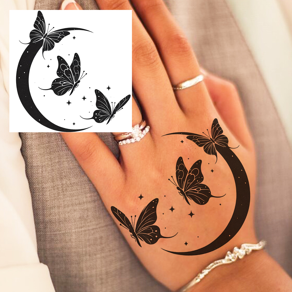 1 Sheet butterfly moon Temporary Tattoos For Women Men Adults Hands Finger Foot Neck Clavicle Legs Forearm Shank Arm Body Art Makeup, Semi Permanent Temp Fake Tattoo Stickers Waterproof Long Lasting Realistic Tatoos For Festival Party Accessory