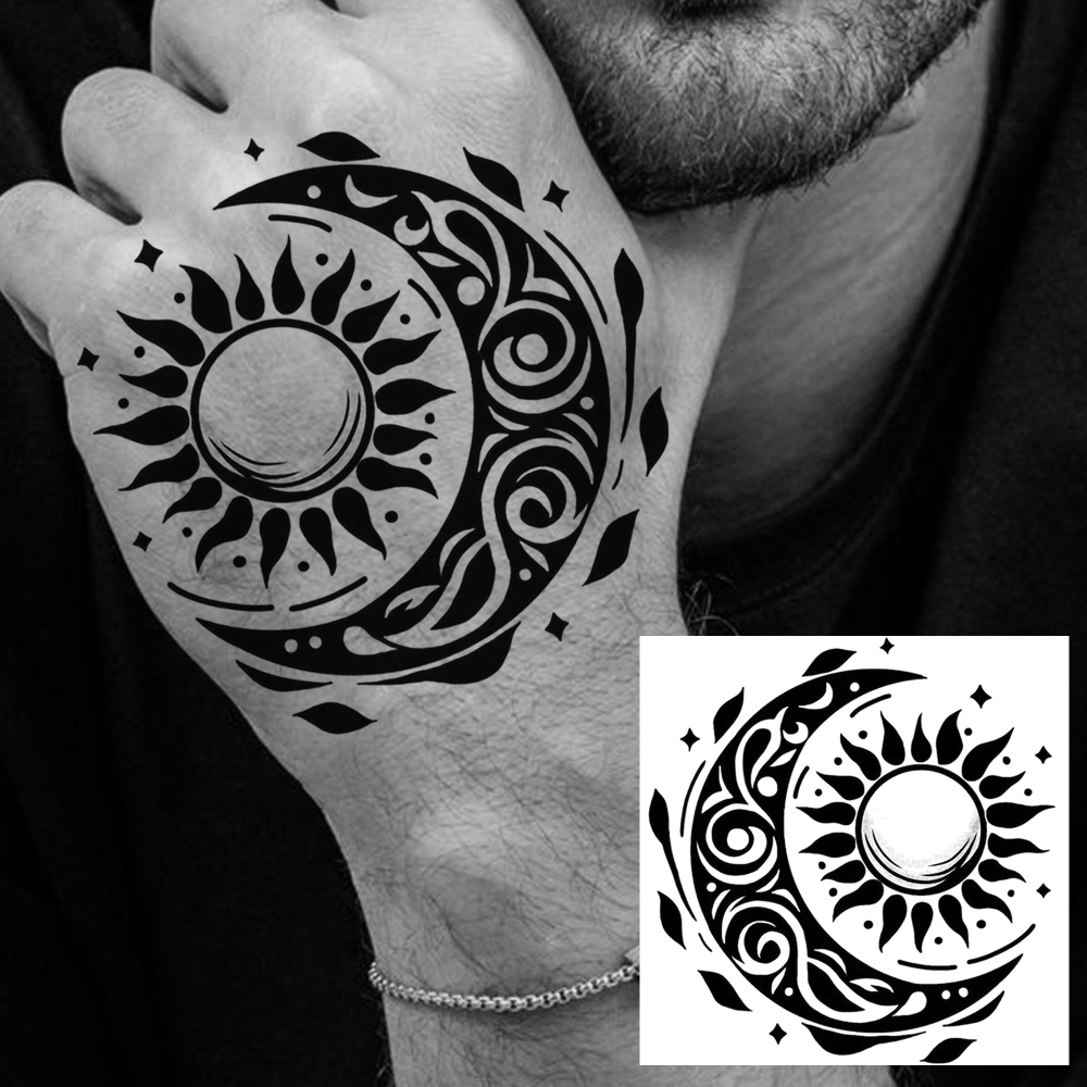1 Sheet Moon Sun Temporary Tattoos For Women Men Adults Hands Finger Foot Neck Clavicle Legs Forearm Shank Arm Body Art Makeup, Semi Permanent Temp Fake Tattoo Stickers Waterproof Long Lasting Realistic Tatoos For Festival Party Accessory